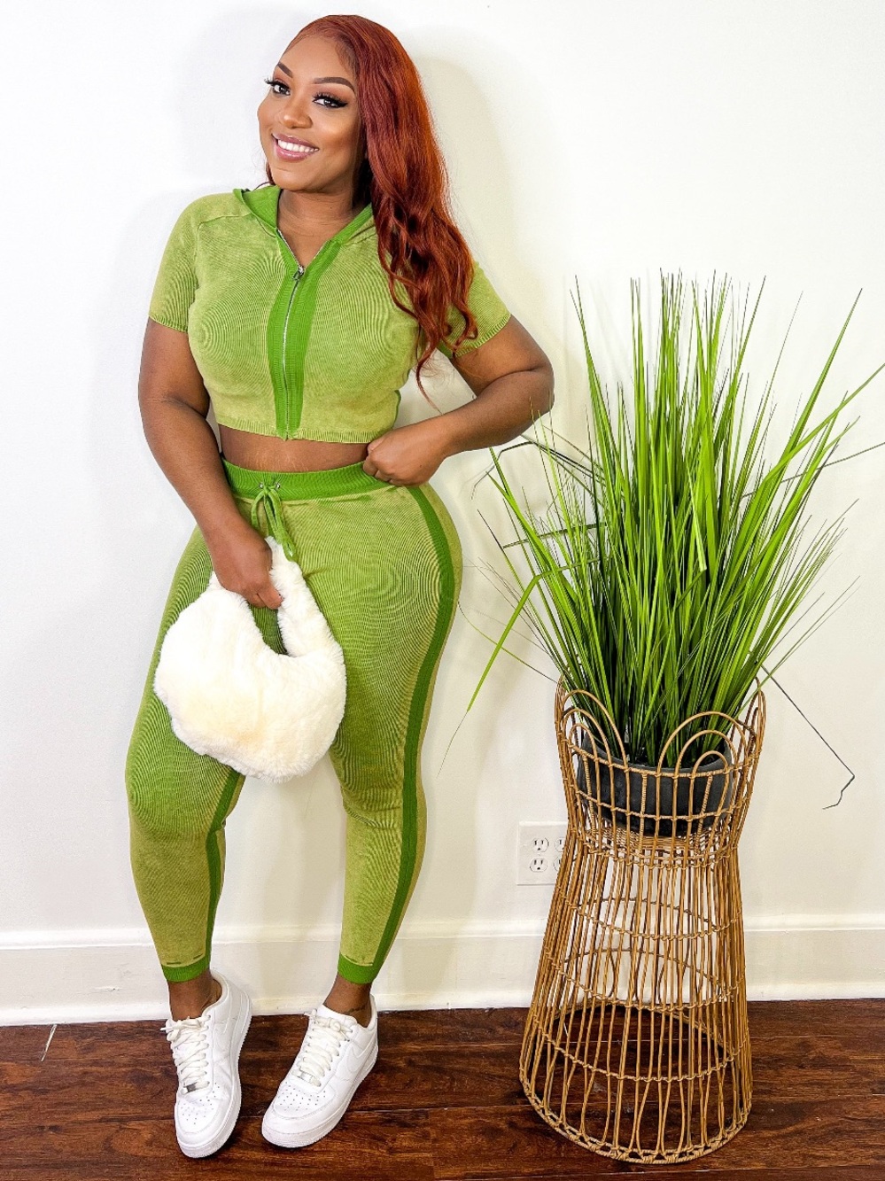 Cropped Zip-Front Active Top & Legging Set in Lime Green
